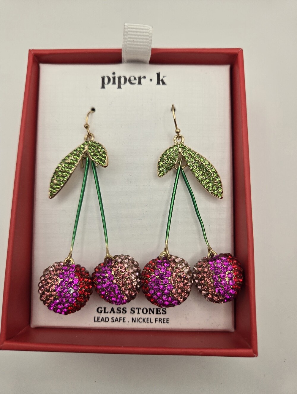 NIB Piper.k Pink Red Crystal Cherry Drop Earrings Green Leaves Viral TikTok Fun